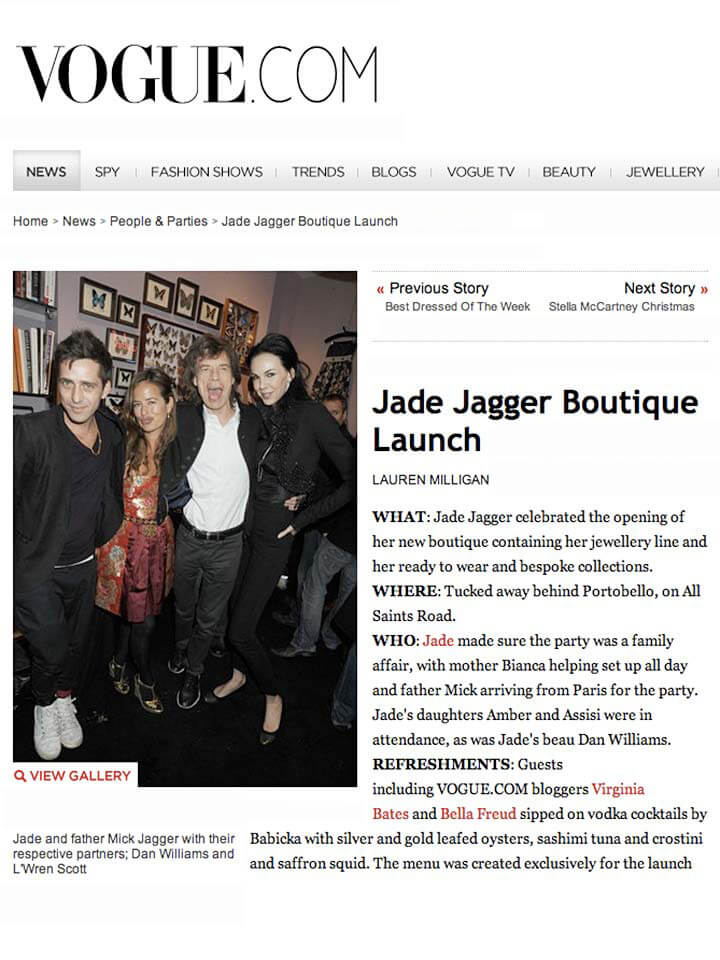 BabickaVodka, Vogue Magazine, Jade Jagger Boutique Launch